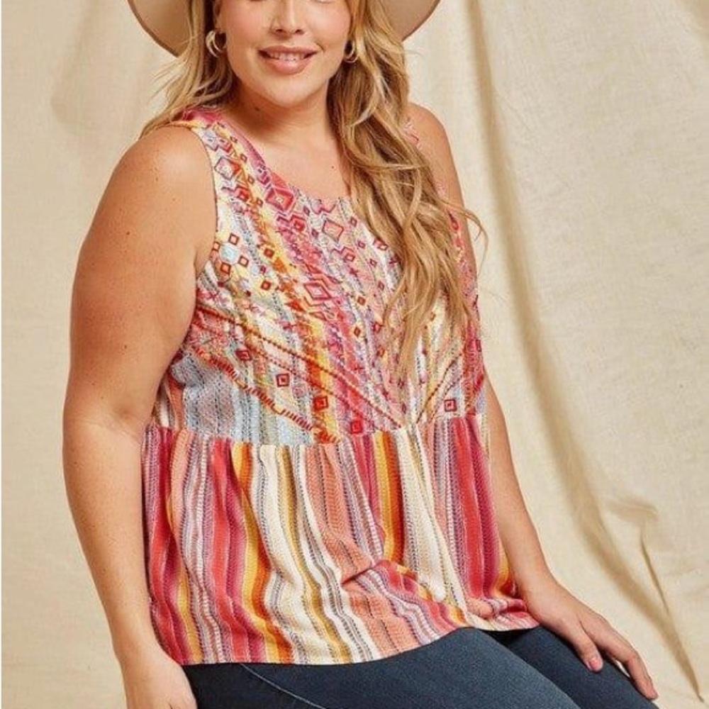 Savanna Jane Embroidered Colorful Boho Babydoll Top Blouse Plus Size 3X